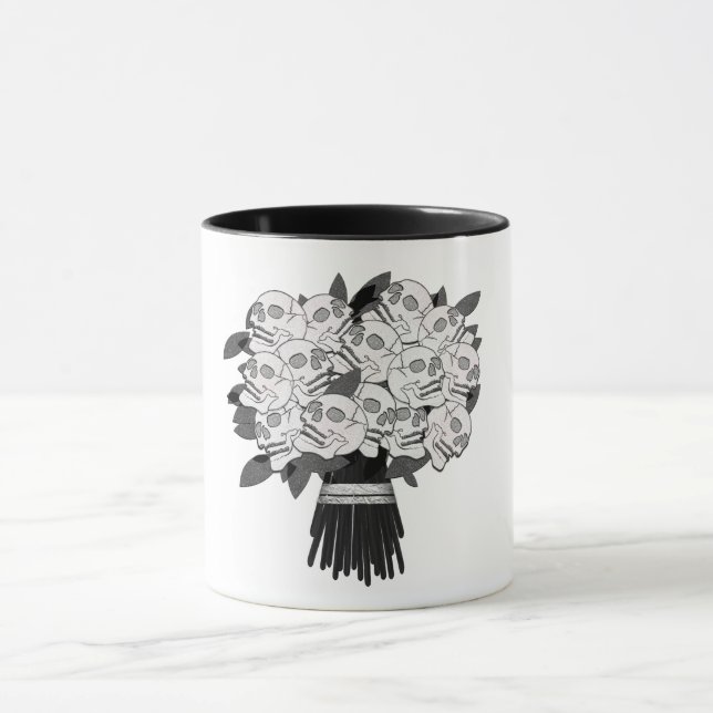 Taza Bouquet de Rosas de cráneo negro y gótico blanco (Centro)