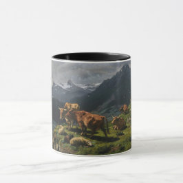 Taza Bovino y oveja en un paisaje alpino