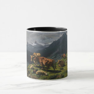 Taza Bovino y oveja en un paisaje alpino