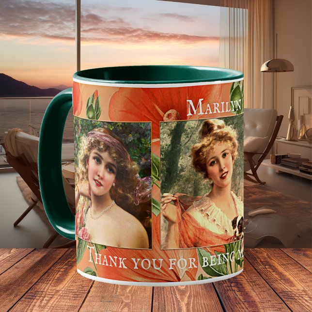 Taza Bridesmaid Floral Vintage Gracias Mug Fotográfico (Bridesmaid Thank You wedding favor mug featuring custom photos on a painting of orange flowers)