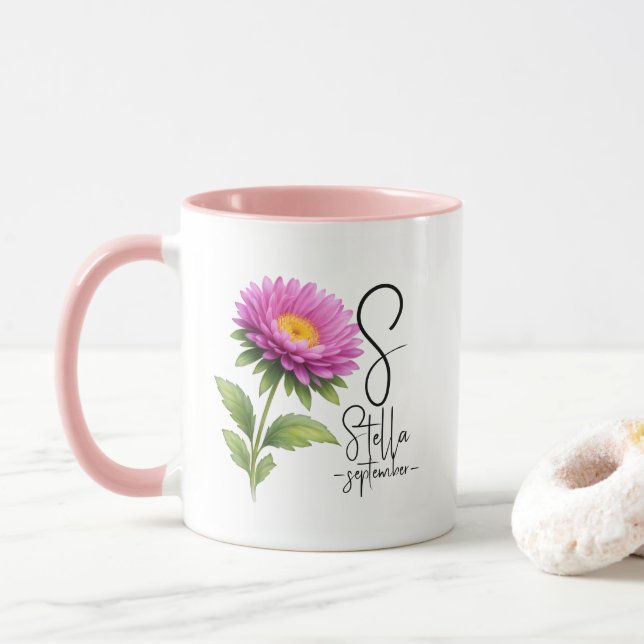 Taza Bright Aster Monogram – September Birth Flower (Con donut)