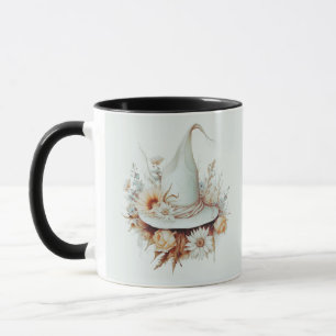 Taza Bruja Blanca Boho Sombrero y Flores Verde Hallowee