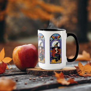 Taza Bruja de Otoño Art Nouveau Calabazas Luna Púrpura