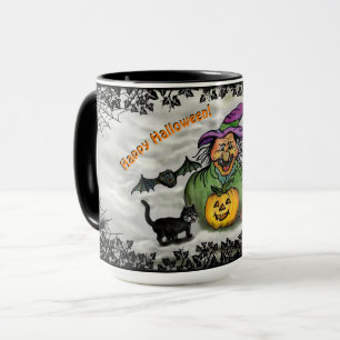 Taza Bruja, Gato, Barba y Calabaza , Feliz Halloween!