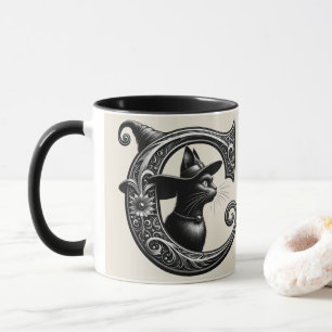 Taza Bruja Gato Negro Letra C Inicial Personalizada