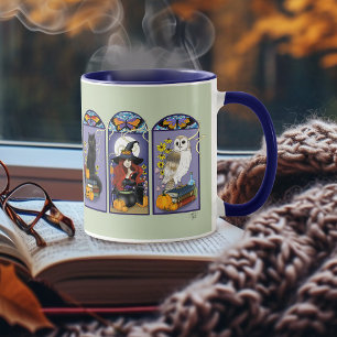 Taza Bruja Gótica Gato Negro Búho Halloween Art Nouveau