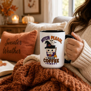 Taza Bruja Por Favor Café Primero Negro Grande Hallowee