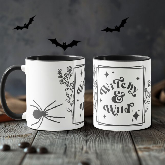 Taza Bruja y salvaje negro retro Feliz Halloween (Witchy and Wild retro black Happy Halloween Mug)