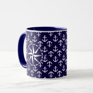 Taza Brújula Náutica Elegante Y Patrón De Ancla Azul
