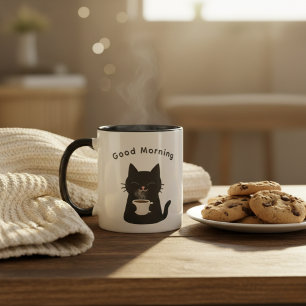 Taza Buenos Días con Café de Gato Negro Adorable
