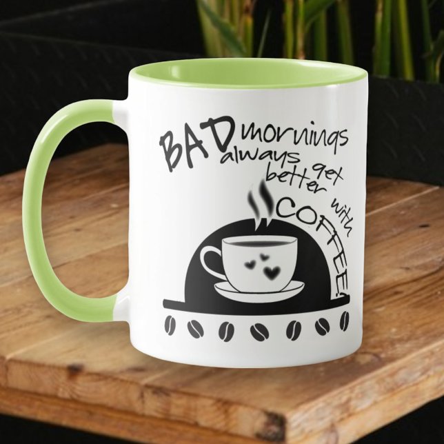 Taza Buenos días inspiradores con café negro (Select from 10 handle & inside mug color options)