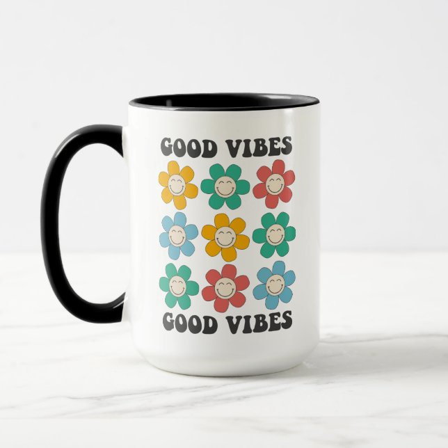 Taza Buenos Vibes Retro Flores de Daisy Coloridas (Izquierda)