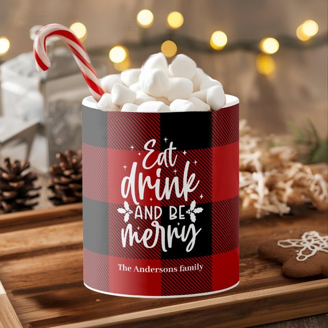 Taza Búfalo de cuadros rojos "Comer, Beber y Alegrarse" (Subido por el creador)