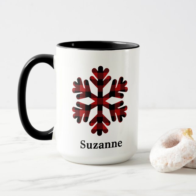 Taza Búfalo Rojo Tapado Snowflake Monograma Café Mug (Con donut)