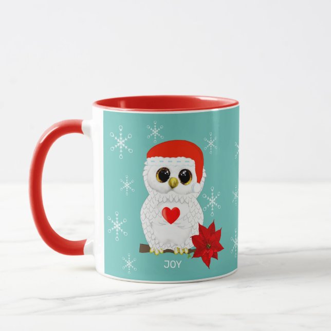Taza Búho blanco de Navidad lindo y copos de nieve (Izquierda)