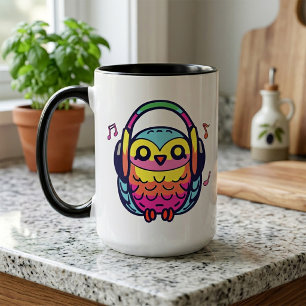 Taza Búho feliz con auriculares escuchando música.