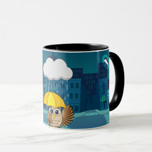 Taza Búho lindo con paraguas en el día de lluvias