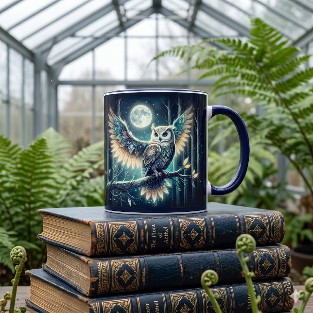 Taza Búho Lunar Místico Resplandor del Bosque Celestial (Mystical Moon Owl Celestial Forest Glow Mug)
