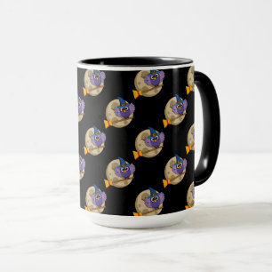Taza Búho Mago Dibujado Vuela en Escoba Patrón