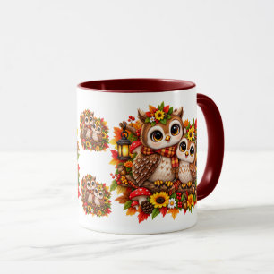 Taza Búhos acogedores y lindos, hojas de otoño, bosque,