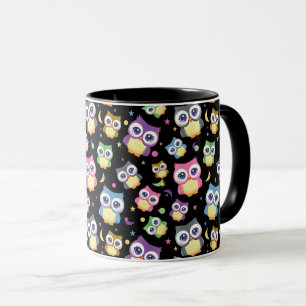 Taza Búhos de dibujos animados lindos cielo nocturno lu