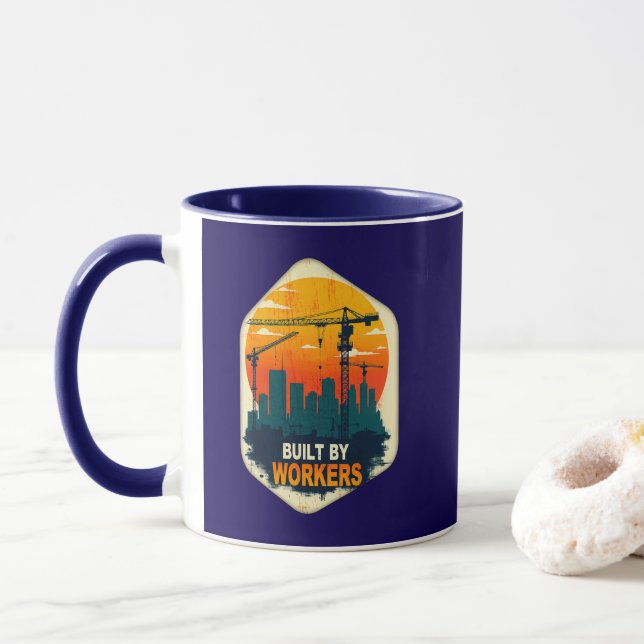 Taza Built by Workers Industrial Skyline Labor Day Shir (Con donut)