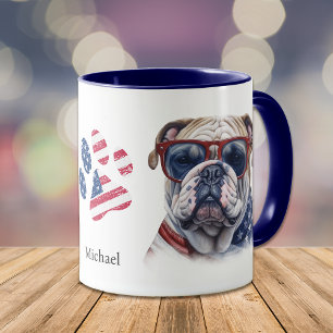 Taza Bulldog divertido de la bandera de Estados Unidos 