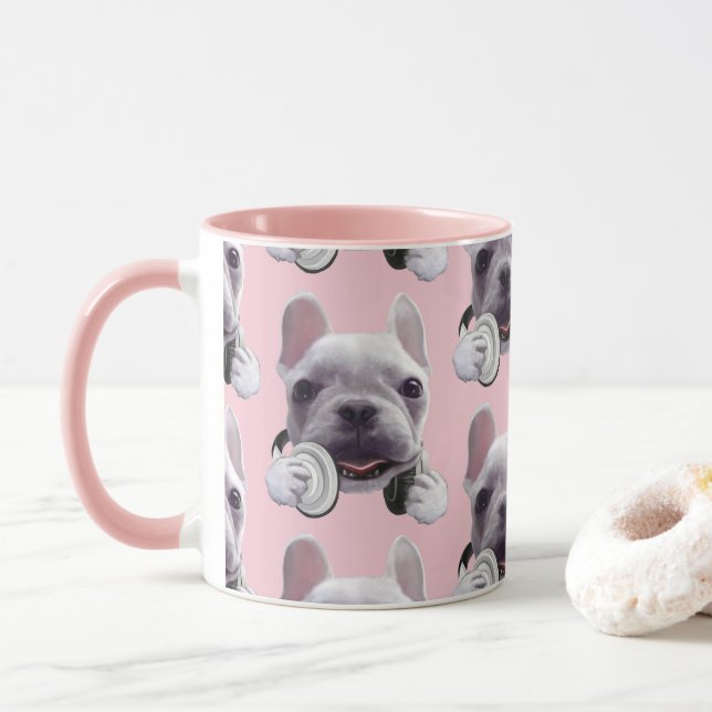Taza Bulldog francés con Ilustracion de audífonos (Con donut)