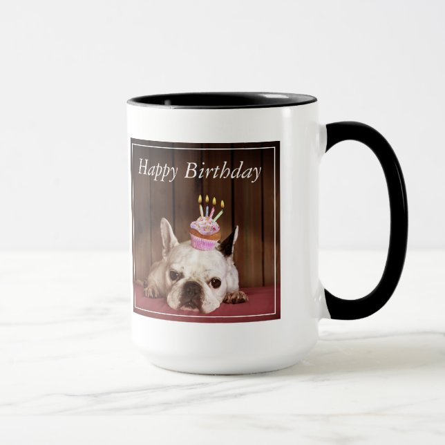 Taza Bulldog francés con la magdalena del cumpleaños (Derecha)