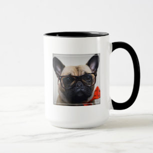 Taza Bulldog francés con los vidrios y la pajarita