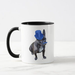 Taza Bulldog francés con sombrero azul superior y bigot