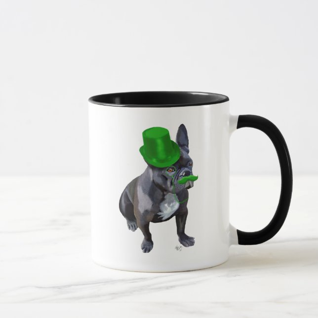 Taza Bulldog francés con sombrero verde superior y bigo (Derecha)
