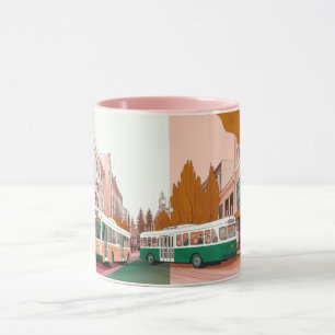 Taza bulliciosa calle de la ciudad con autobuses y edif