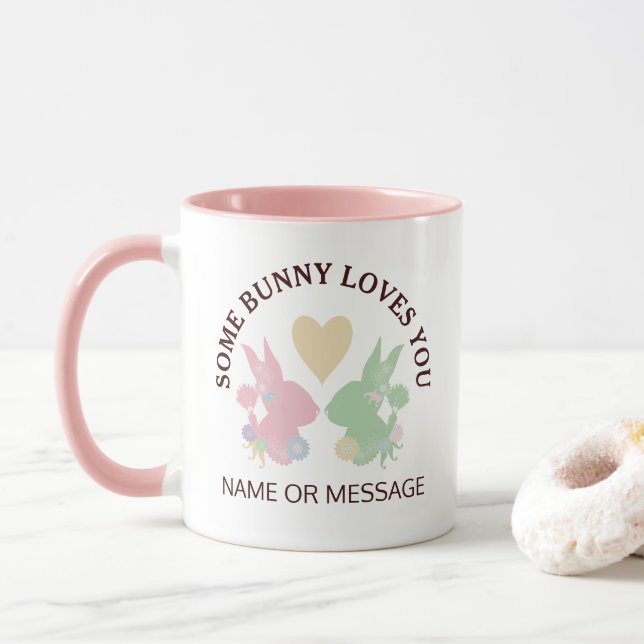 Taza Bunnios rosados y verdes pasteles con Personalizad (Con donut)
