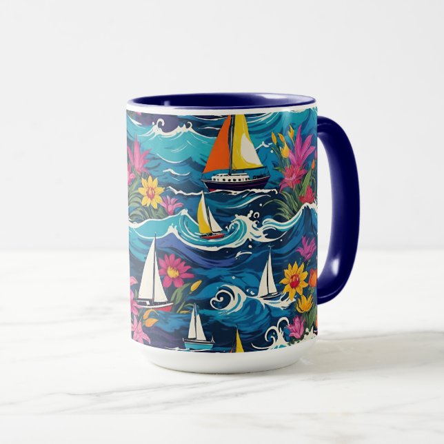Taza Buques de vela con olas y flores (Anverso derecho)