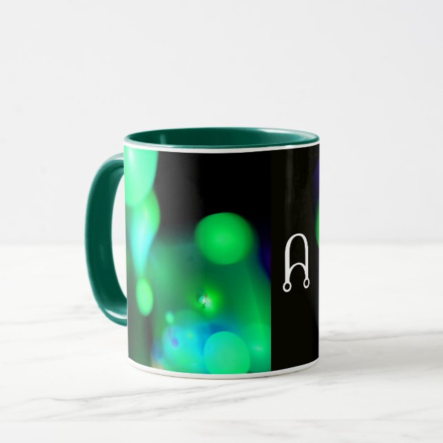 TAZA BURBUJAS FRACTALES VERDES AZULES NEGRAS MONOGRAMA (Anverso izquierdo)