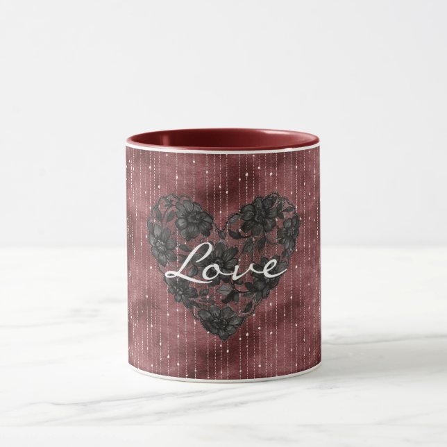 Taza Burgundy Red Stripes Black Faux Lace Floral Heart (Centro)