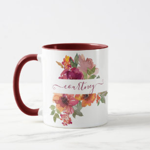 Taza Burgundy y naranja floral personalizado de acuarel