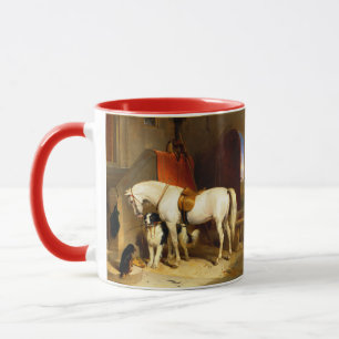 TAZA CABALLO BLANCO CON PERROS Y FALCONS EN ESTABLE