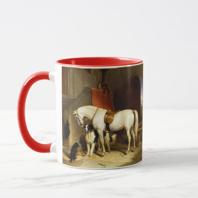 TAZA CABALLO BLANCO CON PERROS Y FALCONS EN ESTABLE (Izquierda)
