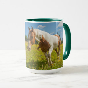Taza Caballo curioso en una pradera alpina en verano