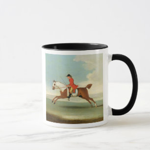 Taza Caballo de carreras galopante y jinete montado en