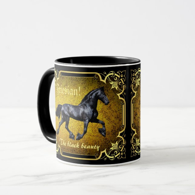 Taza Caballo frisón, silueta, dorado, negro y negro (Anverso izquierdo)