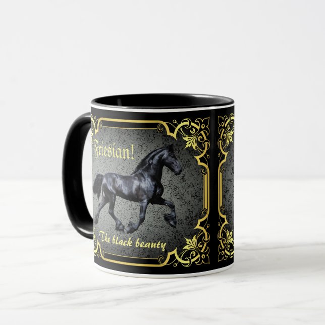 Taza Caballo frisón, silueta, dorado, negro y negro (Anverso izquierdo)