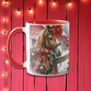 Taza Caballo marrón bonito en Navidades de oso rojo
