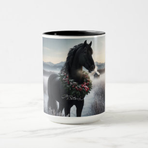 Taza Caballo negro en la nieve con corona de Navidades