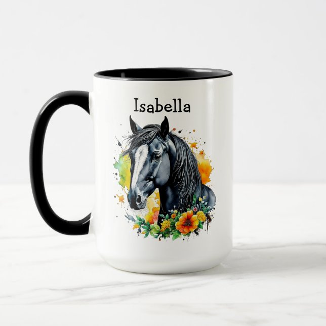 Taza Caballo negro rodeado de flores personalizadas (Izquierda)