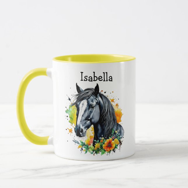 Taza Caballo negro rodeado de flores personalizadas (Izquierda)