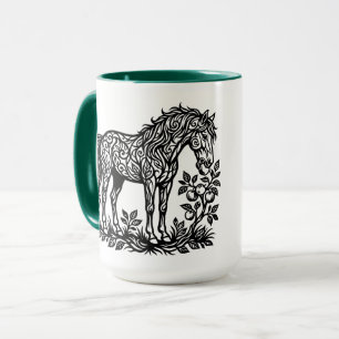 Taza Caballo Ornamental Comiendo Manzanas Silueta Flora