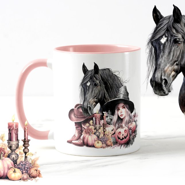 Taza Caballos de hadas de halloween para vacas para afi (Pink Halloween cowgirl mug, black horse, cowboy boots, cowboy hat, personalized funny quote)